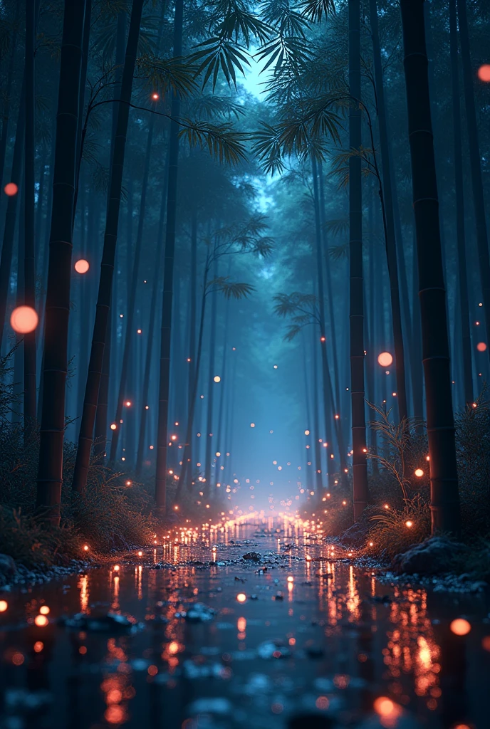 A dark bamboo grove at night, intricate and glowing fireflies, holographic sparkles scattered everywhere, vibrant chromatic colors, fantastic rainbow reflections, metallic luster, balance between inky blackness and sparkling particles, sharp and delicate, CG watercolor style, high contrast, perfectly adjusted octane rendering, dramatic chiaroscuro lighting, NRART, Ultimate Aesthetics