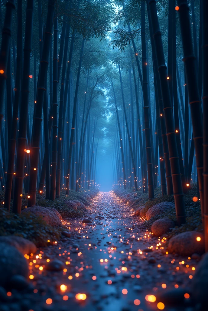 A dark bamboo grove at night, intricate and glowing fireflies, holographic sparkles scattered everywhere, vibrant chromatic colors, fantastic rainbow reflections, metallic luster, balance between inky blackness and sparkling particles, sharp and delicate, CG watercolor style, high contrast, perfectly adjusted octane rendering, dramatic chiaroscuro lighting, NRART, Ultimate Aesthetics