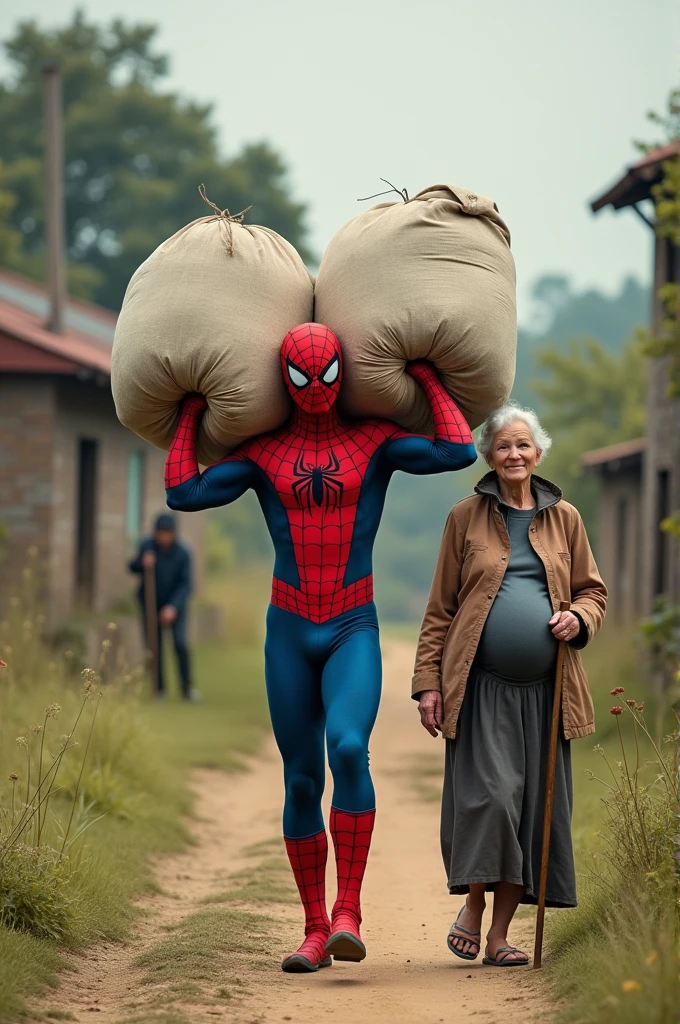 It looks like you've shared an image showing Spiderman carrying two large sacks while walking beside an elderly woman in a rural setting. The image blends the superhero character with a more everyday, real-world scenario, which gives it an interesting and humorous contrast.