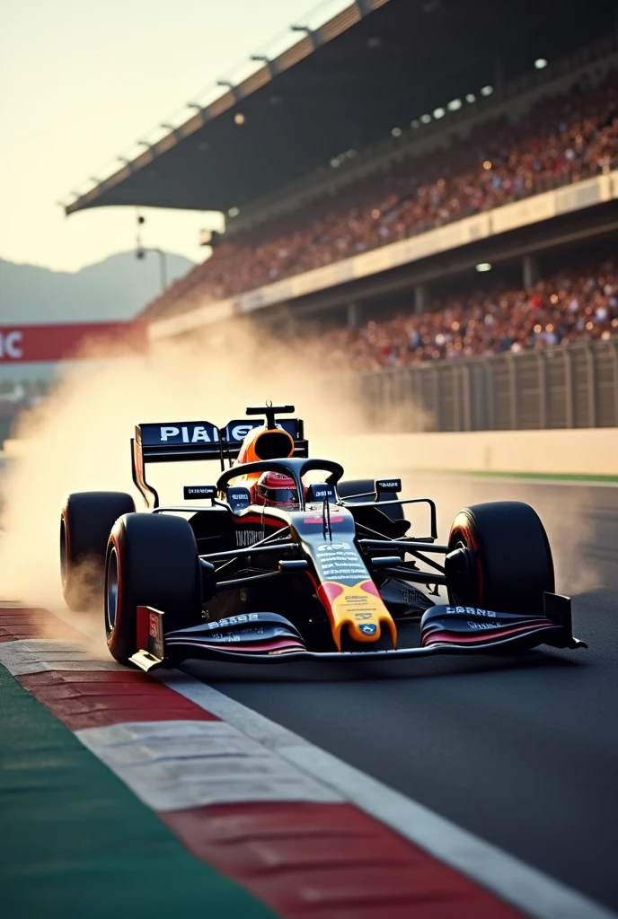 A modern Formula 1 car in action on the track of a famous circuit, como Mônaco ou Silverstone, with the afternoon light reflecting off the shiny bodywork and high-performance tires kicking up dust and smoke."