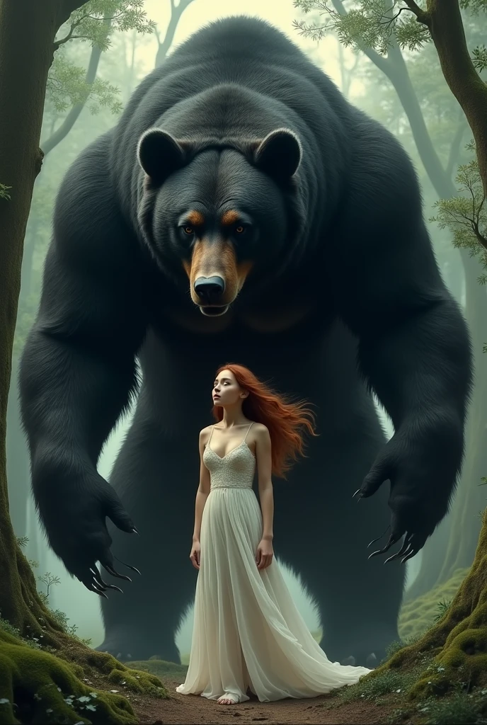 A giant wild black bear protects beautiful girl
