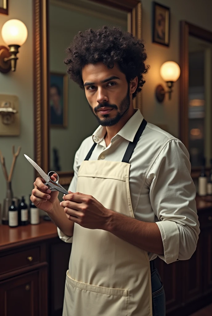 A barber with curly, dark hair holding scissors and a comb