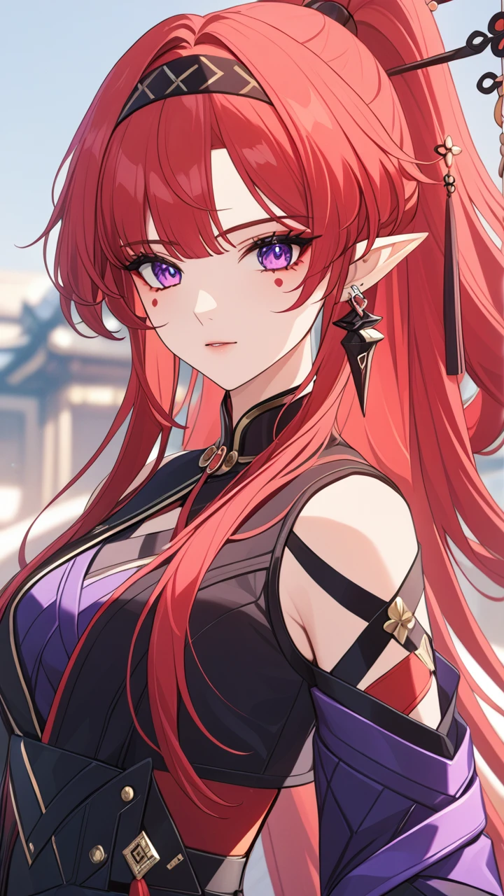 1girl,bangs,jewelry,ponytail,hairband,earrings,red hair,purple eyes,hair ornament,pointy ears,long hair,hair stick,facial mark,solo,mole,