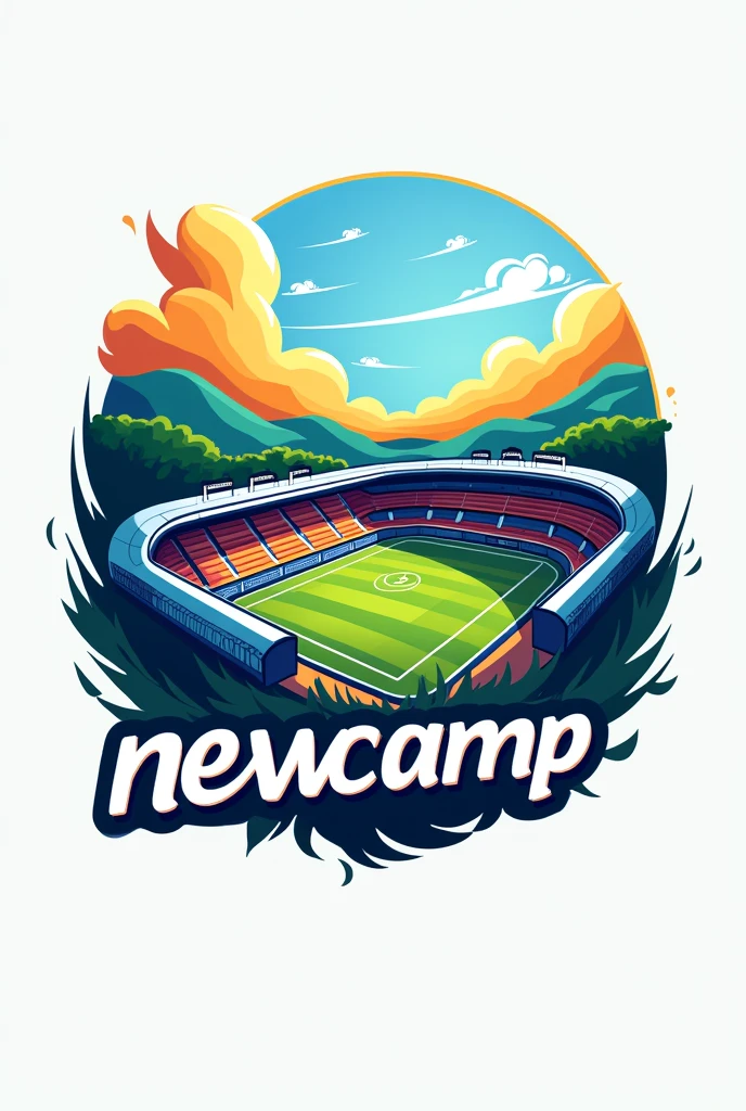 Create a logo with the word "NEW CAMP". Include a soccer stadium as a central element, highlighting it in the design. The logo must have a modern and dynamic style, with vibrant colors and a bold, legible font for "NEW CAMP". Design must capture the energy and emotion of the sport.