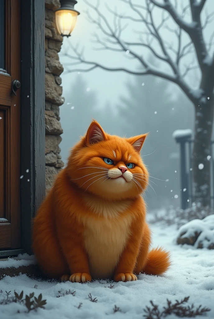 Fat orange cat kicked out of house by owner, cold outside