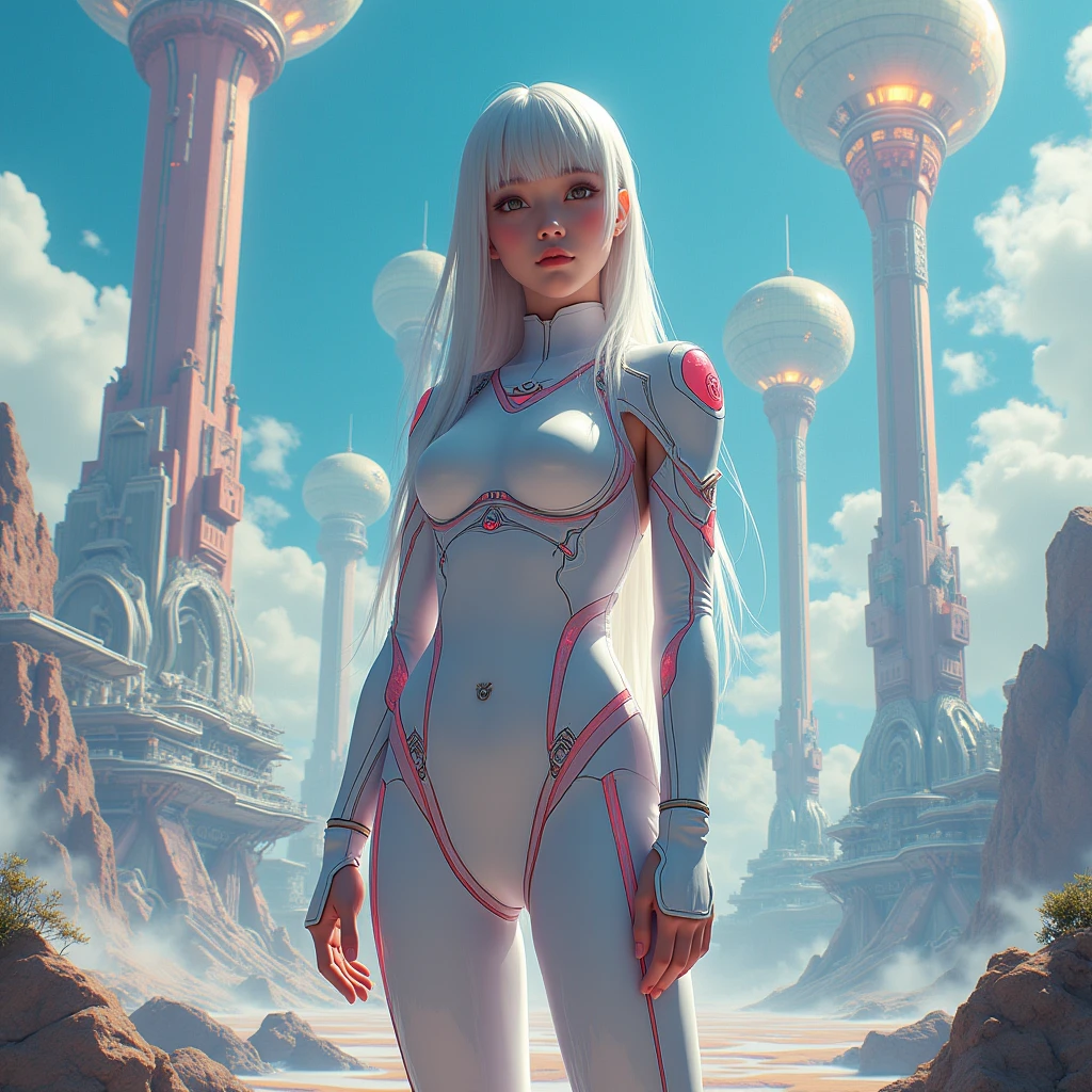 1girl, detailed beautiful japanese girl, futuristic costume, futuristic landscape, long shot full body, (best quality,4k,8k,highres,masterpiece:1.2),ultra-detailed,(realistic,photorealistic,photo-realistic:1.37),cinematic lighting, dramatic lighting, dramatic atmosphere, vibrant colors, highly detailed, intricate details, hyper realistic, digital painting, concept art, matte painting