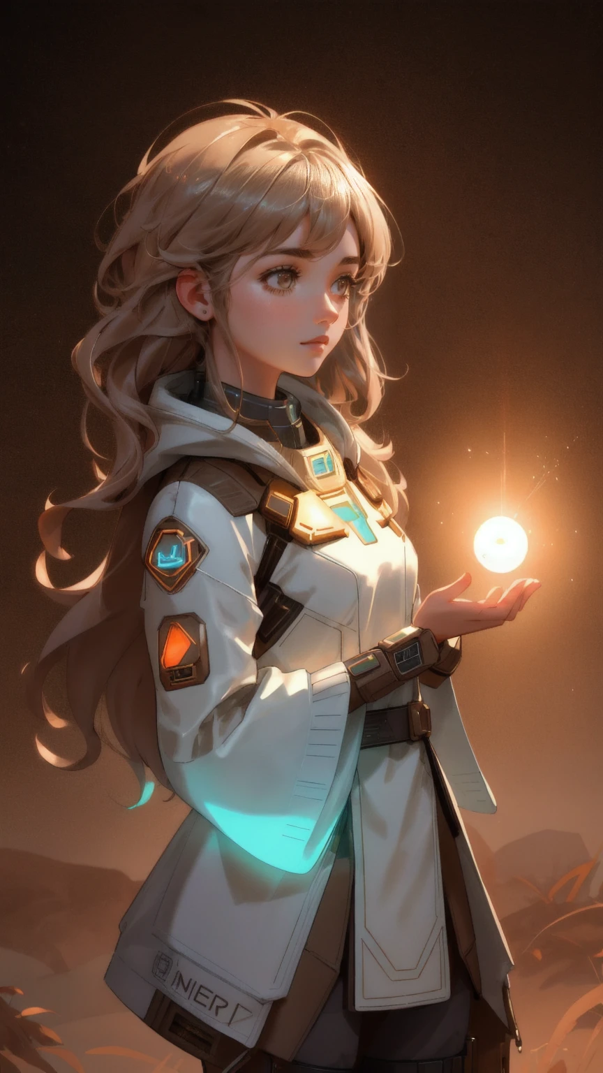 A futuristic, beautifully detailed, and cute girl character operating a metallic GM generator, with glowing GM tokens emerging from the generator. The environment is set in a warm brown-toned background, with a sense of depth and fine details in the dusty ground. The girl is surrounded by floating GM tokens, blending seamlessly with the earthy color palette of the scene