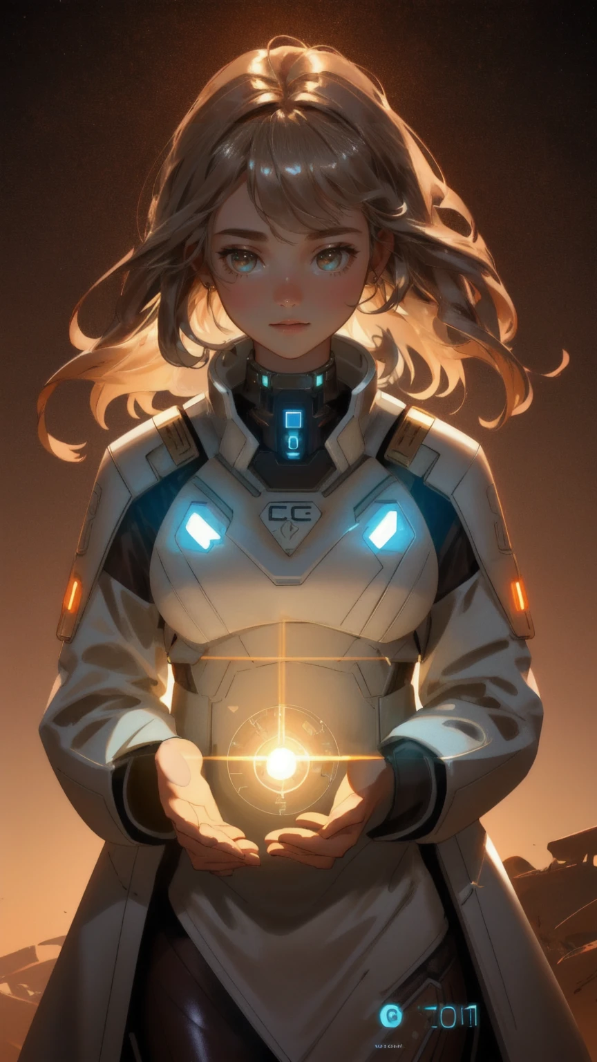 A futuristic, beautifully detailed, and cute girl character operating a metallic GM generator, with glowing GM tokens emerging from the generator. The environment is set in a warm brown-toned background, with a sense of depth and fine details in the dusty ground. The girl is surrounded by floating GM tokens, blending seamlessly with the earthy color palette of the scene