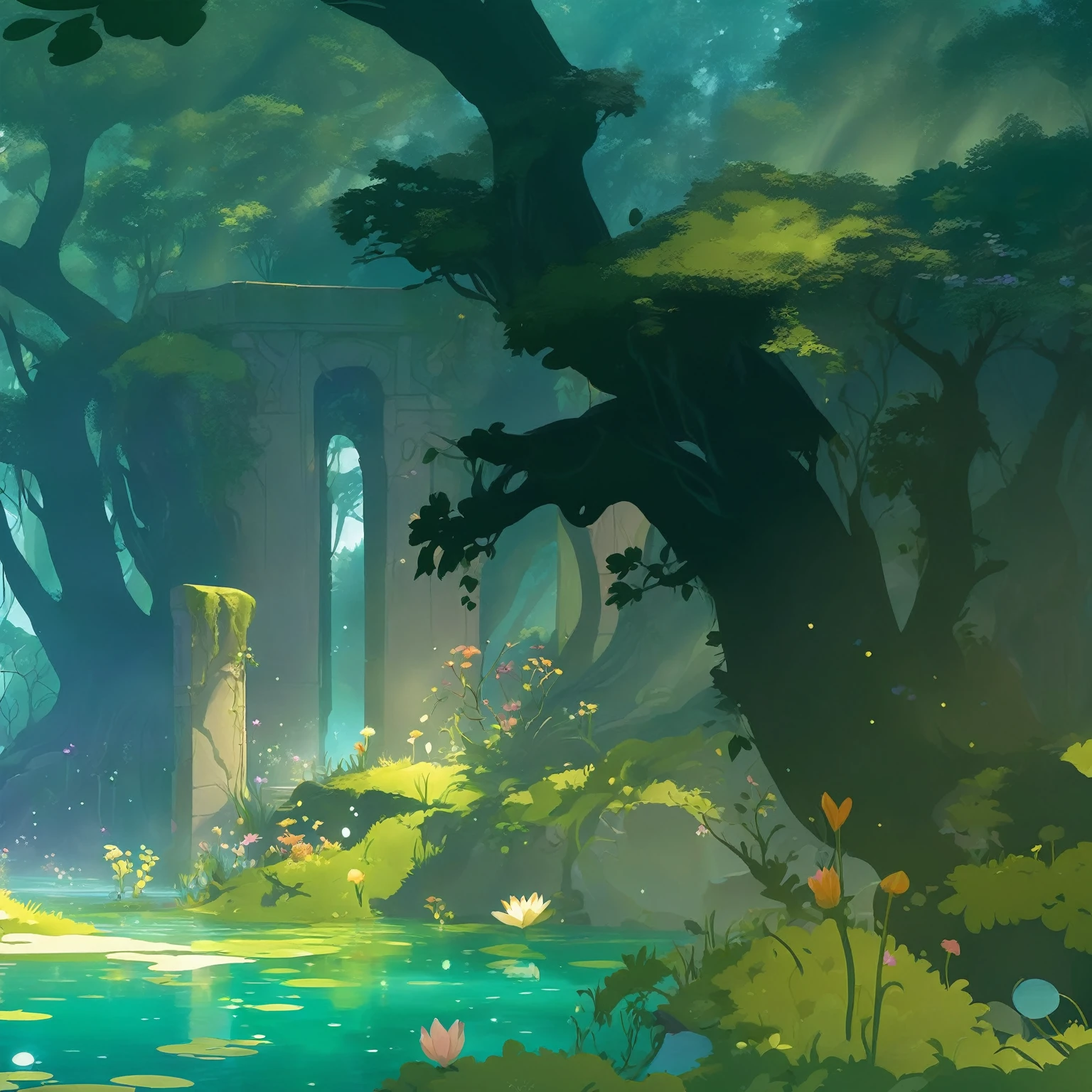 An enchanting cartoon-style illustration of an enchanted forest lake with magical elements, featuring vibrant green water and a circular archway leading to the center.  The scene is bathed in soft lighting, creating a dreamy atmosphere.  This design could be used for casual game art, as it captures the whimsical essence of fantasy landscapes