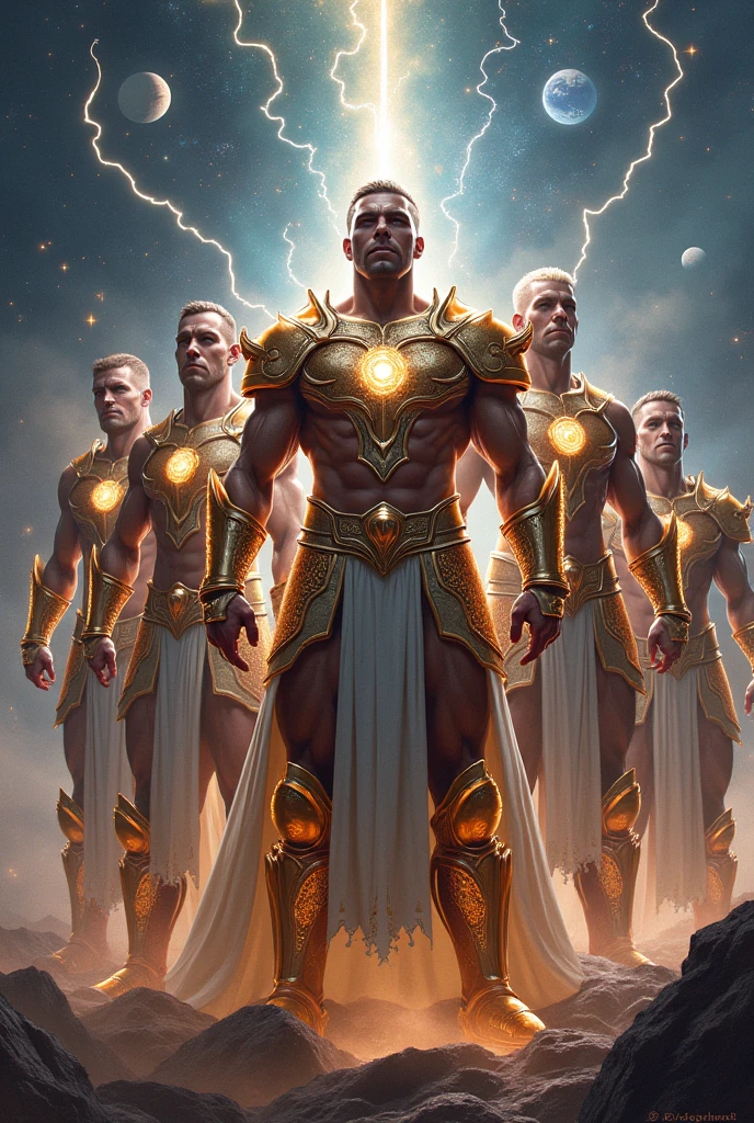 Six men receiving celestial armor to defend planet earth with weapons