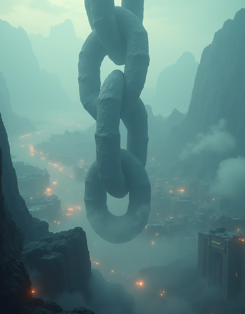 A huge chain is suspended in the sky,Each chain is like a hill。The chain turns slowly,Emits a soft glow,Shrouded the entire city,Masterpieces of Photography,masterpiece,Award-winning photography
