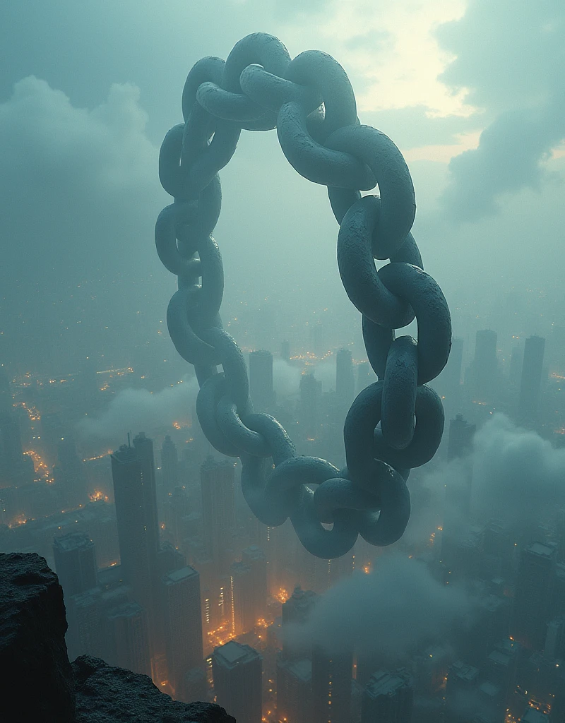 A huge chain is suspended in the sky,Each chain is like a hill。The chain turns slowly,Emits a soft glow,Shrouded the entire city,Masterpieces of Photography,masterpiece,Award-winning photography