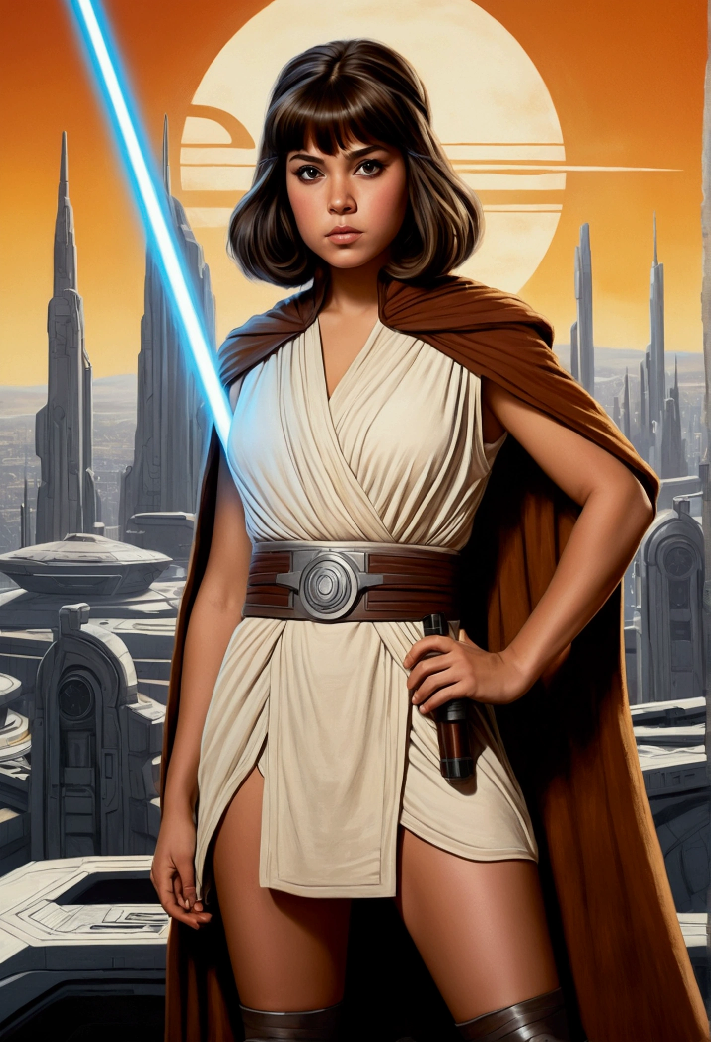 An illustrated movie poster, hand-drawn, full color, a teenage Jedi, 18-years-old, female, wearing a Jedi tunic, athletic hourglass figure, busty bosoms, full wide hips, massive round butt, long shapely legs, ridiculously thick powerful thighs, vibrant eyes, dark hair, thick shaggy bangs, tan complexion, resembles Ana De Armas, standing above Coruscant, graphite shading, stencil marks, airbrushed acrylic paint, masterpiece