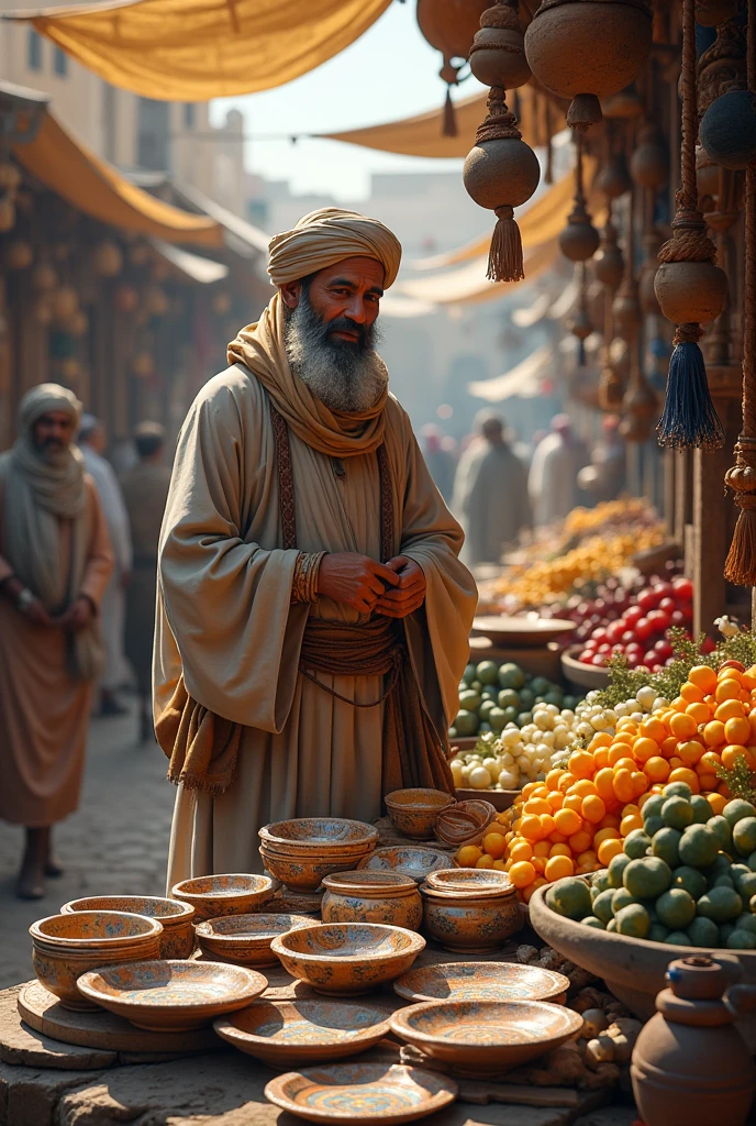 A dervish is selling some dishes in a market in Madinah. There are some fruit stalls next to him.