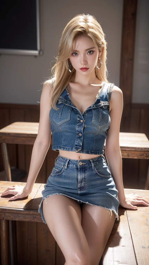 (cowboy shot:1.5), chest focus, best quality, masterpiece, high contrast, 8k, highly detailed, extremely detailed face, beautiful , Android 18, cold, busty, blushing, excited, arrogant, pretty side-parted blonde hair, slender perfect body, exposed underboob, thin waist, sexy long legs, beautiful blue eyes, large hoop earrings, jewelry, looking at viewer, sexy red lips, super short cropped white T-shirt, denim vest jacket, super short tight denim skirt, gladiator-style laced high-heeled sandals, sitting on a classroom lectern, legs raised, detailed classroom background, hyperrealistic, high-definition, extremely detailed, high resolution, dramatic lighting, cinematic lighting, octane render, 8k resolution, Artstation quality revealing absolute territory, realistic details, super-fine, super-exquisite,
