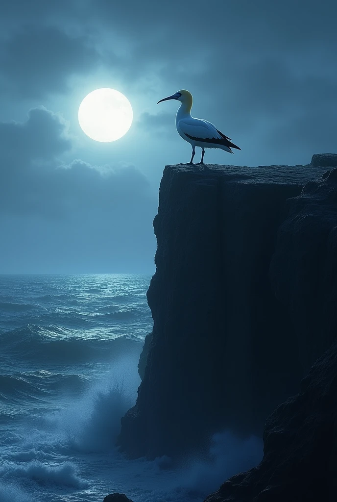 1 gannet standing on a cliff during a full moon