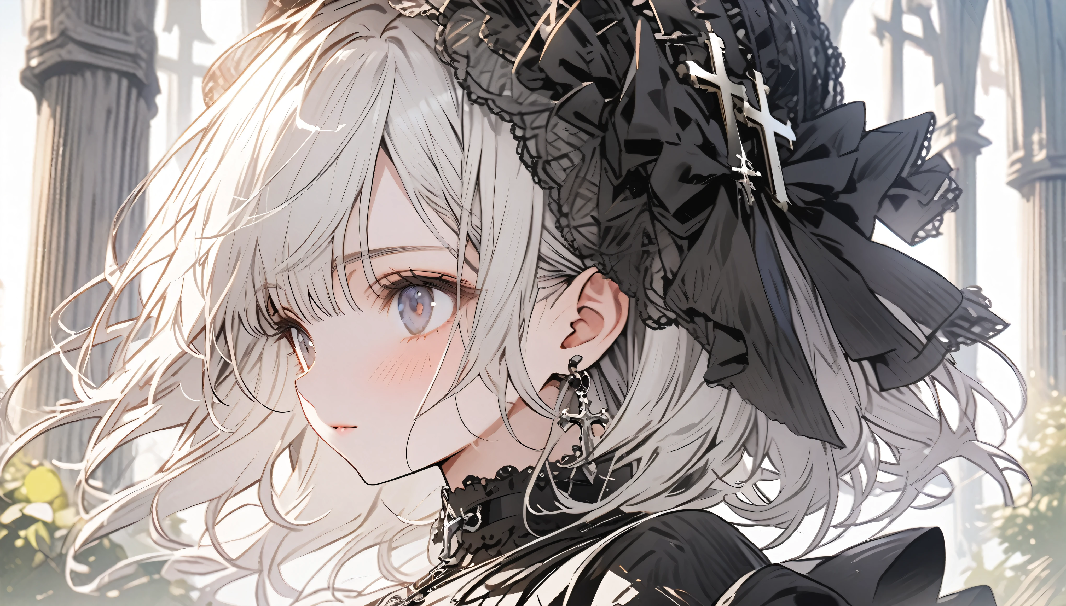 Beautiful girl with white hair,Black Lolita,Tulle lace hat,cross pendant,Standing in front of the church garden,Upper body close-up