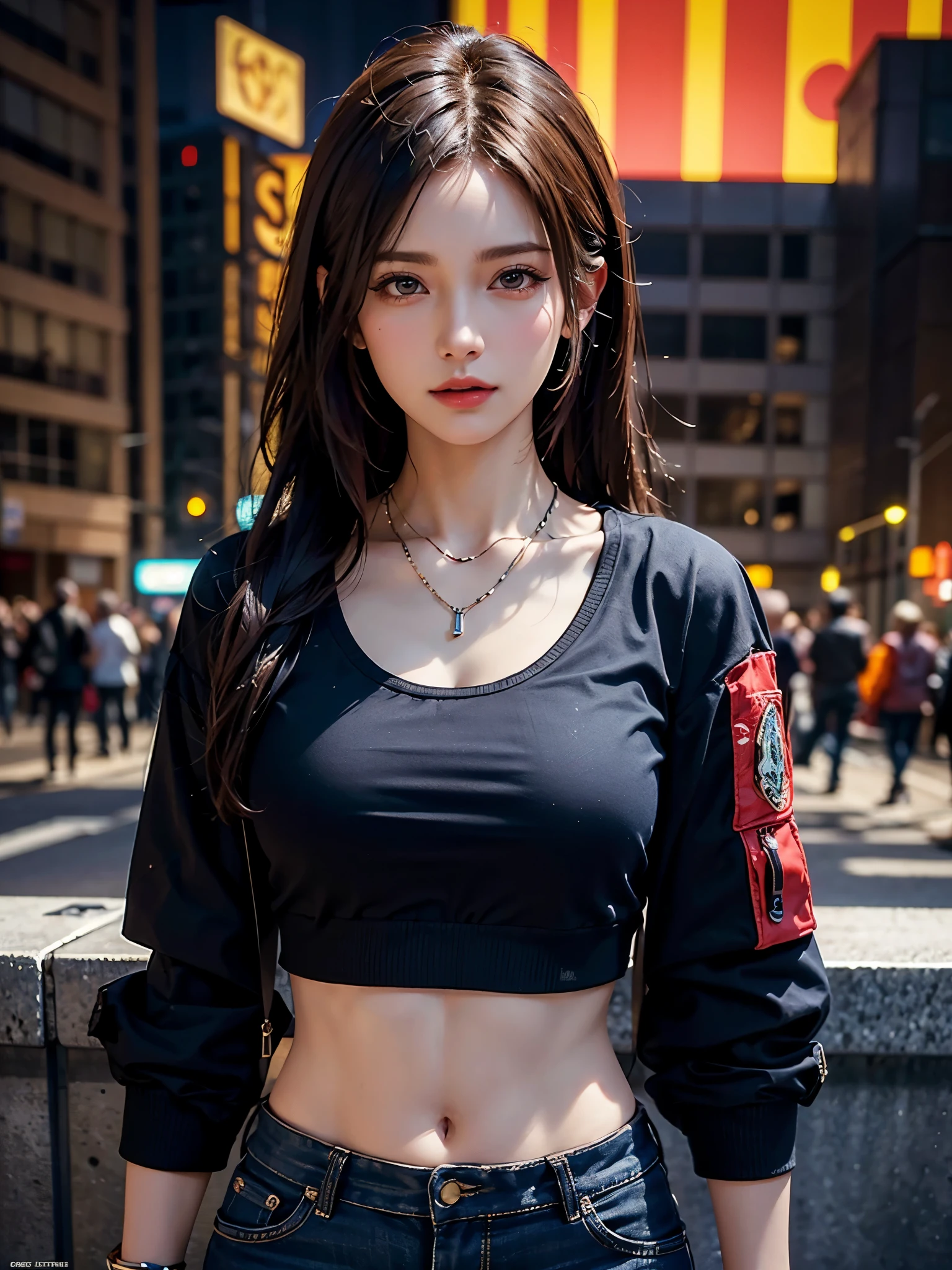 Aya Brea, One person, 一人in, Crop top jacket, bracelet, necklace, Looking_in_Audience, Realistic, upper_body, (masterpiece:1.2), (Highest quality), (Super detailed), (8k, 4K, intricine), (Very detailed:1.2),(Detailed face:1.2), (Urban Background), (Ultra HD Wallpaper)