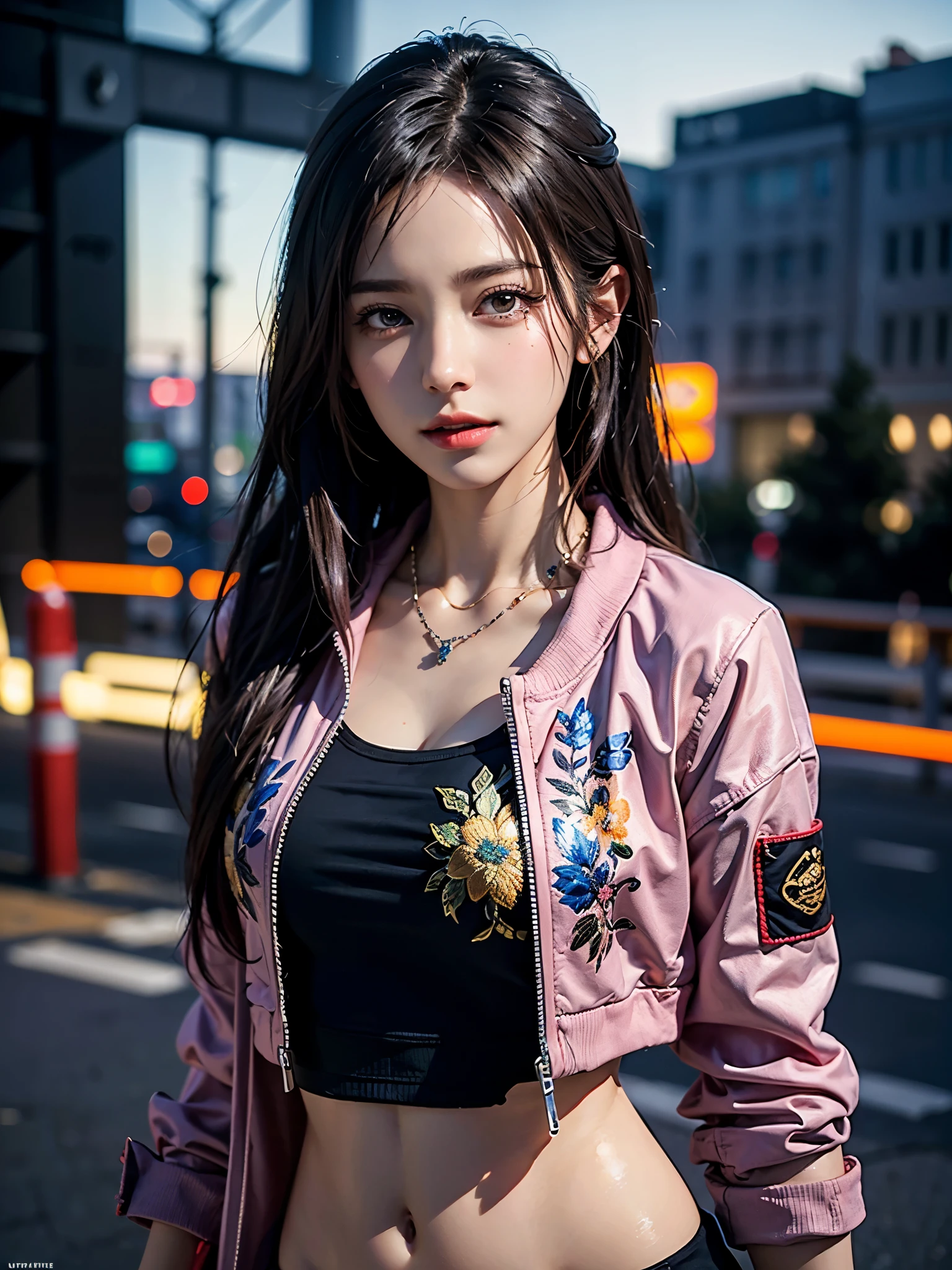 Aya Brea, One person, 一人in, Crop top jacket, bracelet, necklace, Looking_in_Audience, Realistic, upper_body, (masterpiece:1.2), (Highest quality), (Super detailed), (8k, 4K, intricine), (Very detailed:1.2),(Detailed face:1.2), (Urban Background), (Ultra HD Wallpaper)
