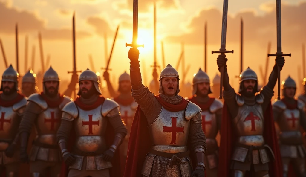 A highly realistic, high-contrast, 8K HD, detailed, hyper-detailed image of a group of Crusaders on a desert battlefield at sunrise, all raising their swords high in the air and shouting powerful battle cries. The scene is filled with energy as the morning sun casts a warm, golden light over the determined faces of the warriors. Clad in steel armor with red cross emblems prominently displayed on their chests, the Crusaders stand united, their swords glinting in the sunlight as they prepare for battle. The image captures the moment of collective resolve and inspiration, with each Crusader fully committed to the fight ahead. The atmosphere is charged with the spirit of camaraderie and determination, highlighting the unity and strength of the Crusader army. The image is of the highest quality, with ultra-high resolution, RAW photo quality, and Unreal Engine rendering, showcasing the powerful and motivating scene of the Crusaders rallying together with their swords raised high.
