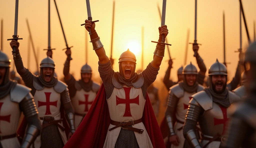 A highly realistic, high-contrast, 8K HD, detailed, hyper-detailed image of a group of Crusaders on a desert battlefield at sunrise, all raising their swords high in the air and shouting powerful battle cries. The scene is filled with energy as the morning sun casts a warm, golden light over the determined faces of the warriors. Clad in steel armor with red cross emblems prominently displayed on their chests, the Crusaders stand united, their swords glinting in the sunlight as they prepare for battle. The image captures the moment of collective resolve and inspiration, with each Crusader fully committed to the fight ahead. The atmosphere is charged with the spirit of camaraderie and determination, highlighting the unity and strength of the Crusader army. The image is of the highest quality, with ultra-high resolution, RAW photo quality, and Unreal Engine rendering, showcasing the powerful and motivating scene of the Crusaders rallying together with their swords raised high.