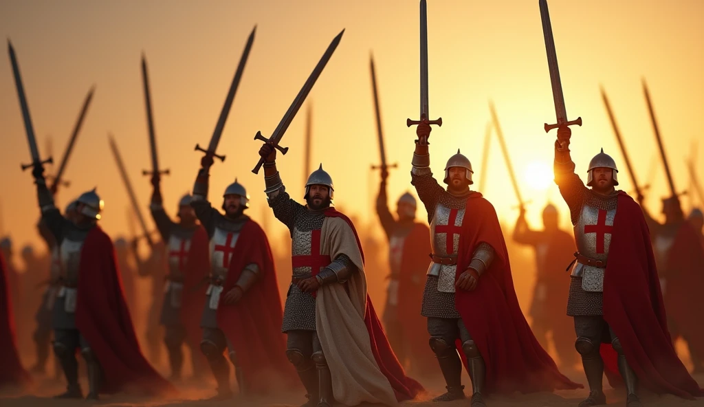 A highly realistic, high-contrast, 8K HD, detailed, hyper-detailed image of a group of Crusaders on a desert battlefield at sunrise, all raising their swords high in the air and shouting powerful battle cries. The scene is filled with energy as the morning sun casts a warm, golden light over the determined faces of the warriors. Clad in steel armor with red cross emblems prominently displayed on their chests, the Crusaders stand united, their swords glinting in the sunlight as they prepare for battle. The image captures the moment of collective resolve and inspiration, with each Crusader fully committed to the fight ahead. The atmosphere is charged with the spirit of camaraderie and determination, highlighting the unity and strength of the Crusader army. The image is of the highest quality, with ultra-high resolution, RAW photo quality, and Unreal Engine rendering, showcasing the powerful and motivating scene of the Crusaders rallying together with their swords raised high.
