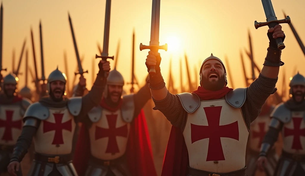 A highly realistic, high-contrast, 8K HD, detailed, hyper-detailed image of a group of Crusaders on a desert battlefield at sunrise, all raising their swords high in the air and shouting powerful battle cries. The scene is filled with energy as the morning sun casts a warm, golden light over the determined faces of the warriors. Clad in steel armor with red cross emblems prominently displayed on their chests, the Crusaders stand united, their swords glinting in the sunlight as they prepare for battle. The image captures the moment of collective resolve and inspiration, with each Crusader fully committed to the fight ahead. The atmosphere is charged with the spirit of camaraderie and determination, highlighting the unity and strength of the Crusader army. The image is of the highest quality, with ultra-high resolution, RAW photo quality, and Unreal Engine rendering, showcasing the powerful and motivating scene of the Crusaders rallying together with their swords raised high.