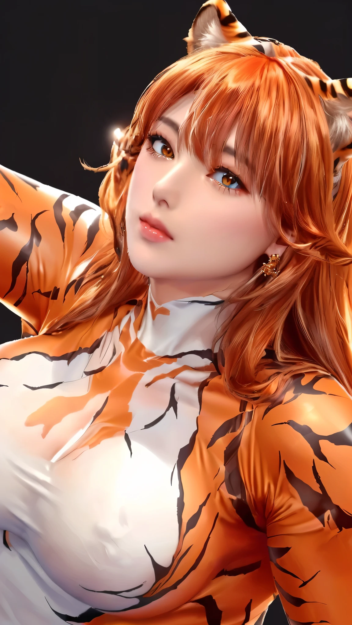 (（（Perfect body,（（（hwjsy, tigerstripebodysuit  ）））,（（（Orange hair, orange long hair, orange straight hair, golden eyes, red lips, pink powder blusher, tiger ear headdress））），((masterpiece)),high resolution, ((Best quality at best)),masterpiece,quality,Best quality,（（（ Exquisite facial features,Looking at the audience,There is light in the eyes,Smile））），Looking up，From below）））,（（（Light and shadow,Huge breasts，）））,（（（Looking at the camera,White background,)））)