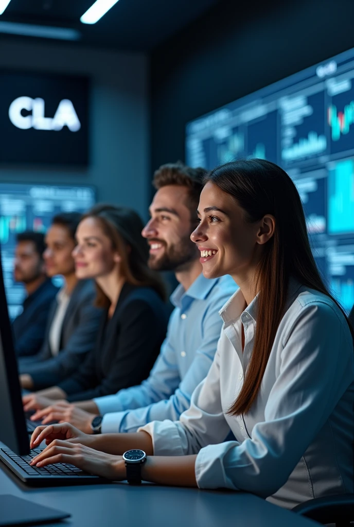 "Create an image of a team of analysts consisting of 6 people of different genders with a snow-white smile and an athletic build. They should have a confident and inviting expression on their face., they must be dressed in business attire. Design must convey professionalism, trust and innovation, and subtle elements of digital technology or blockchain in the background should highlight the company's technological focus. The overall look should be stylish., professional and attractive. The background is an office where employees sit and analyze cryptocurrency charts on their computers., on the walls there is the company logo 3 large letters CLA and a clearly readable inscription Cripto labs analytics» Waiting for the start