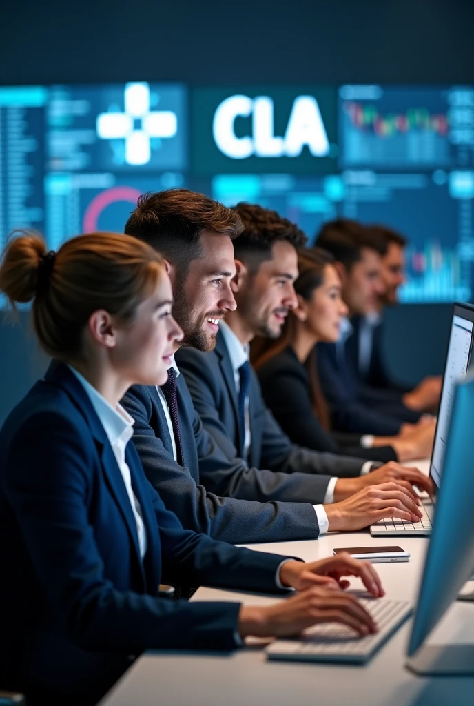 &quot;Create an image of a team of analysts consisting of 6 people of different genders with a snow-white smile and an athletic build. They should have a confident and inviting expression on their face., they must be dressed in business attire. Design must convey professionalism, trust and innovation, and subtle elements of digital technology or blockchain in the background should highlight the company&#39;s technological focus. The overall look should be stylish., professional and attractive. The background is an office where employees sit and analyze cryptocurrency charts on their computers., on the walls there is the company logo 3 large letters CLA and a clearly readable inscription Cripto labs analytics» Waiting for the start 
