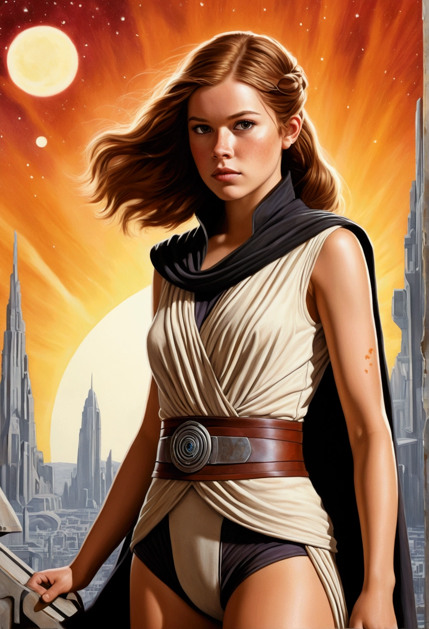 An illustrated movie poster, hand-drawn, full color, a teenage Jedi, 18-years-old, female, wearing a Sleeveless tunic, athletic hourglass figure, busty bosoms, full wide hips, massive round butt, long shapely legs, ridiculously thick powerful thighs, vibrant eyes, mousy brown hair, thick shaggy bangs, rosy sun-kissed complexion, freckles, resembles Freya Allen, standing above Coruscant, graphite shading, stencil marks, airbrushed acrylic paint, masterpiece, in the style of Revenge of the Sith