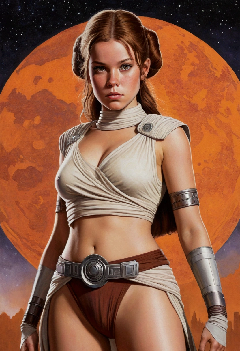 An illustrated movie poster, hand-drawn, full color, a age Jedi, 18-years-old, female, wearing a Sleeveless tunic, athletic hourglass figure, busty bosoms, full wide hips, massive round butt, long shapely legs, ridiculously thick powerful thighs, vibrant eyes, mousy brown hair, thick shaggy bangs, rosy sun-kissed complexion, freckles, resembles Freya Allen, standing above Coruscant, graphite shading, stencil marks, airbrushed acrylic paint, masterpiece, in the style of Revenge of the Sith