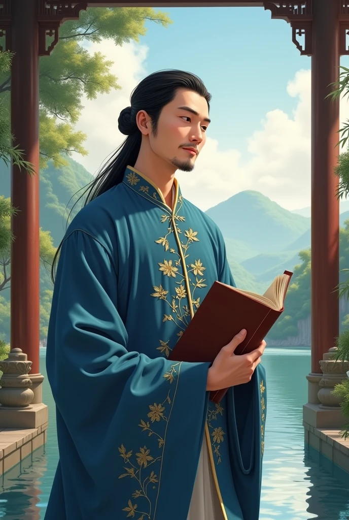 (A picture of a well-proportioned man with fair skin, a sharp jawline, no beard, long hair reaching the nape of his neck, wearing a blue Chinese collar shirt embroidered with bamboo and golden clouds. One hand holds a book. His face is calm but there is a slight smile at the corner of his mouth. The background is a pavilion in the middle of the water with beautiful nature.
