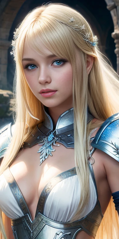 Beautiful slim young long hair with bangs blonde woman in tattered white fantasy armor with exposed chest, Castle interior, hyper HD, River fantasy, micro details, Soft light, Photorealistic, Proportional, Ultra-detailed information