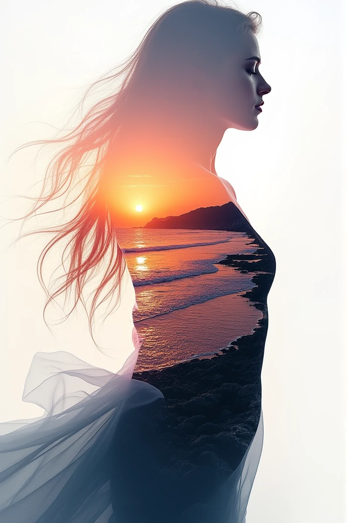 high quality, 8K Ultra HD, A beautiful double exposure that combines an goddess silhouette with sunset coast, sunset coast should serve as the underlying backdrop, with its details incorporated into the goddess , crisp lines, The background is monochrome, sharp focus, double exposure, by yukisakura, awesome full color,