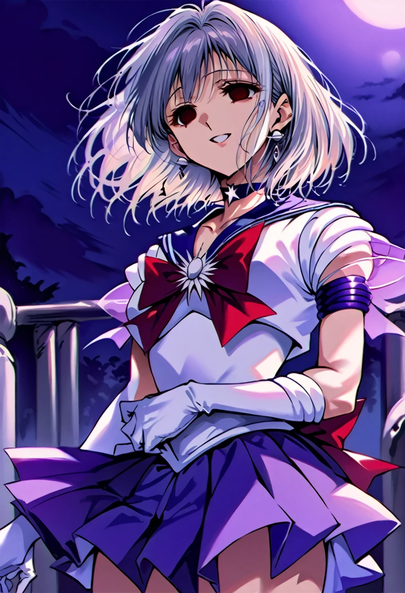 (masterpiece, Highest quality, so beautiful, Very detailed), Intricate details, 12k, Honestly,In awe of the Sailor Saturn XL,sailor senshi uniform,jewelry,skirt,choker,star choker,sailor collar,bow,brooch,star brooch,purple sailor collar,purple skirt,gloves,tiara,short hair,white gloves,earrings,elbow gloves,pleated skirt,, Are standing, Cowboy Shot,,(Wicked Smile:1.2), One person,(Silver Hair:1.4),(empty eyes,:1.4),From below,Watching the dawn,Dark aura,View your audience,(red eyes:1.2),