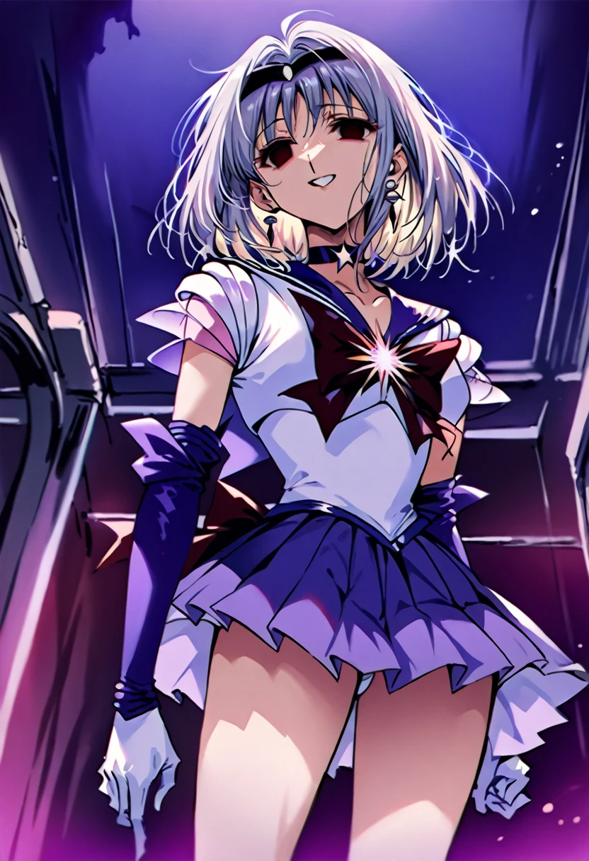 (masterpiece, Highest quality, so beautiful, Very detailed), Intricate details, 12k, Honestly,In awe of the Sailor Saturn XL,sailor senshi uniform,jewelry,skirt,choker,star choker,sailor collar,bow,brooch,star brooch,purple sailor collar,purple skirt,gloves,tiara,short hair,white gloves,earrings,elbow gloves,pleated skirt,, Are standing, Cowboy Shot,,(Wicked Smile:1.2), One person,(Silver Hair:1.4),(empty eyes,:1.4),From below,Watching the dawn,Dark aura,View your audience,(red eyes:1.2),