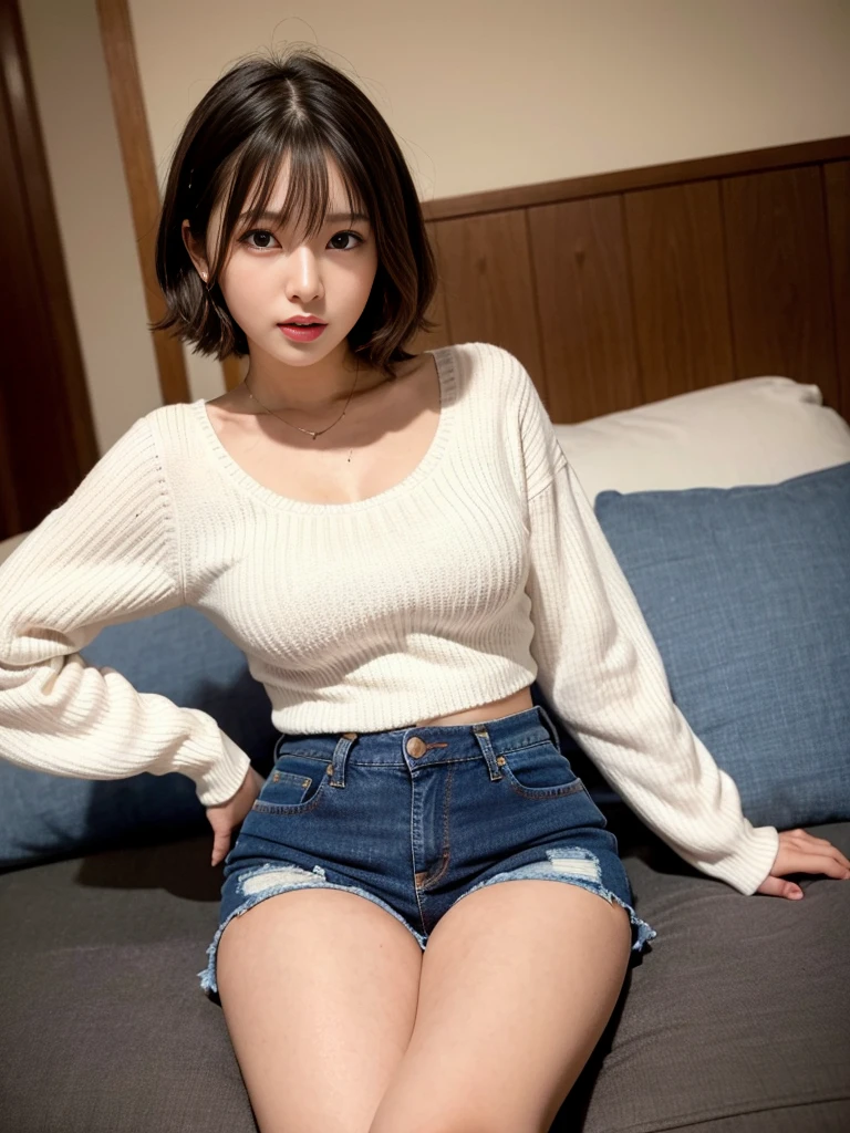 8k images,beautiful girl,Well-proportioned face,Real,Bust C cup,Small breasts,Black Hair、short hair,On the futon,sitting,Japanese-style room,tail(devil),White knit,Sexy expression,Golden Eyes, High resolution, accurate, Highest quality, Blushing, Bare shoulders,whole body,Short length、Panty shot,Distressed jeans,Sexy denim shorts,Bare thighs,Wear a summer sweater on top(Moe sleeves)、valley