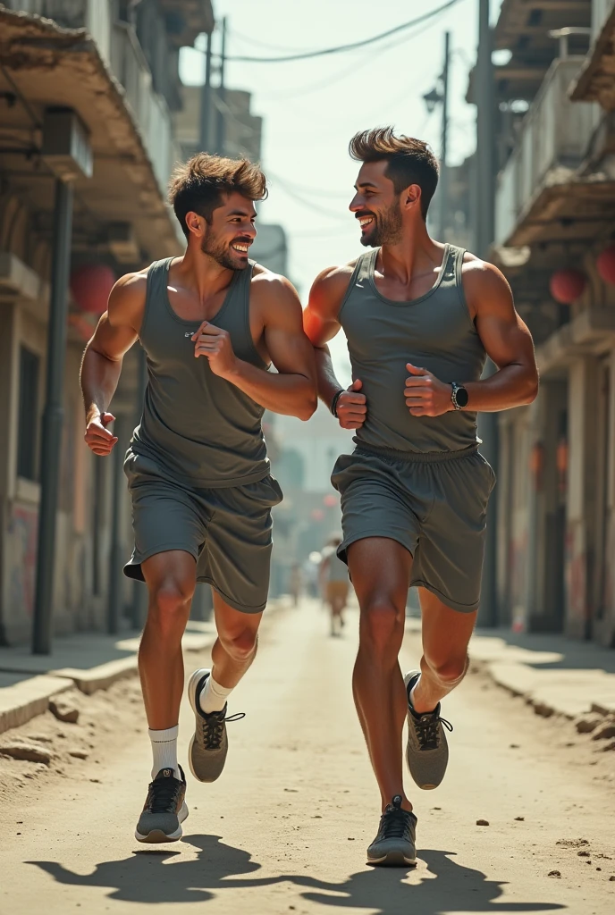 2 brunete boy with brown eyes, athletic body without tattoos, in street, in running, in grey tracksuit and sweatshirt, hyper detailed photography, soft light, smiling, full body, hyper realistic