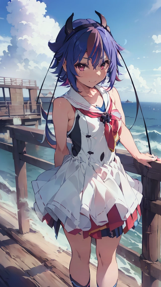 masterpiece, Highest quality, High resolution, Very detailed,(((Mikoto Naruka))), (((smile)))、(((Standing in the distance))), (((Ocean賊船の上))), (((Ocean))), (((Ocean賊の服を着ている。))), (((Multicolored Hair))), (((horn))), (((Pink Eyes)))