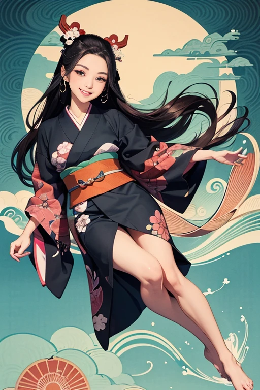 A beautiful woman smiles and shows her upper white teeth、Vividly colored Japanese Ukiyo-e style illustrations、(SeaArt creates stunning illustrations of beautiful women in kimono)、Brown-black long hair、Beautiful full body style、Let's dance a little Tokyo Ondo Yoiyoi、Beautiful digital painting,、Bright vibrant digital anime art、 Detailed digital anime art、 Beautiful anime portraits、background、Torii gate of a shrine in Kyoto, Japan、Detailed CG、