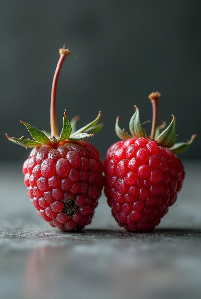 A wilted raspberry, rotten, on the left side and on the right side a bright raspberry , looking good. And the two raspberries are well separated in the scene..
