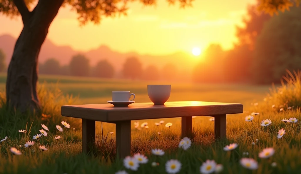 coffee,table,bench,sunset,daisies
