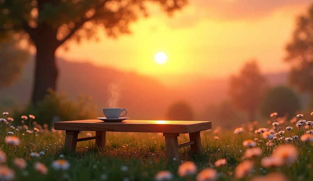coffee,table,bench,sunset,daisies

