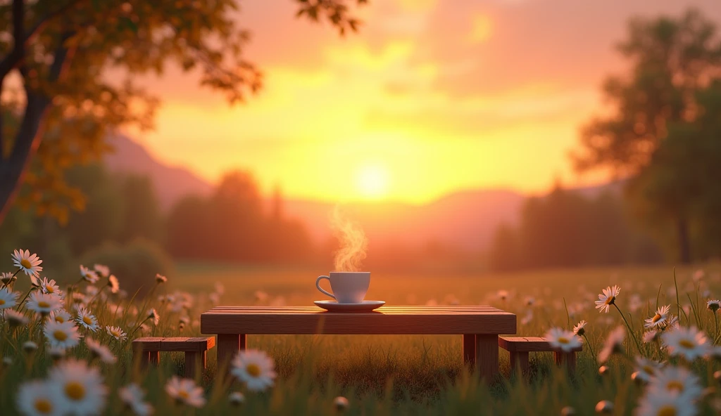 coffee,table,bench,sunset,daisies