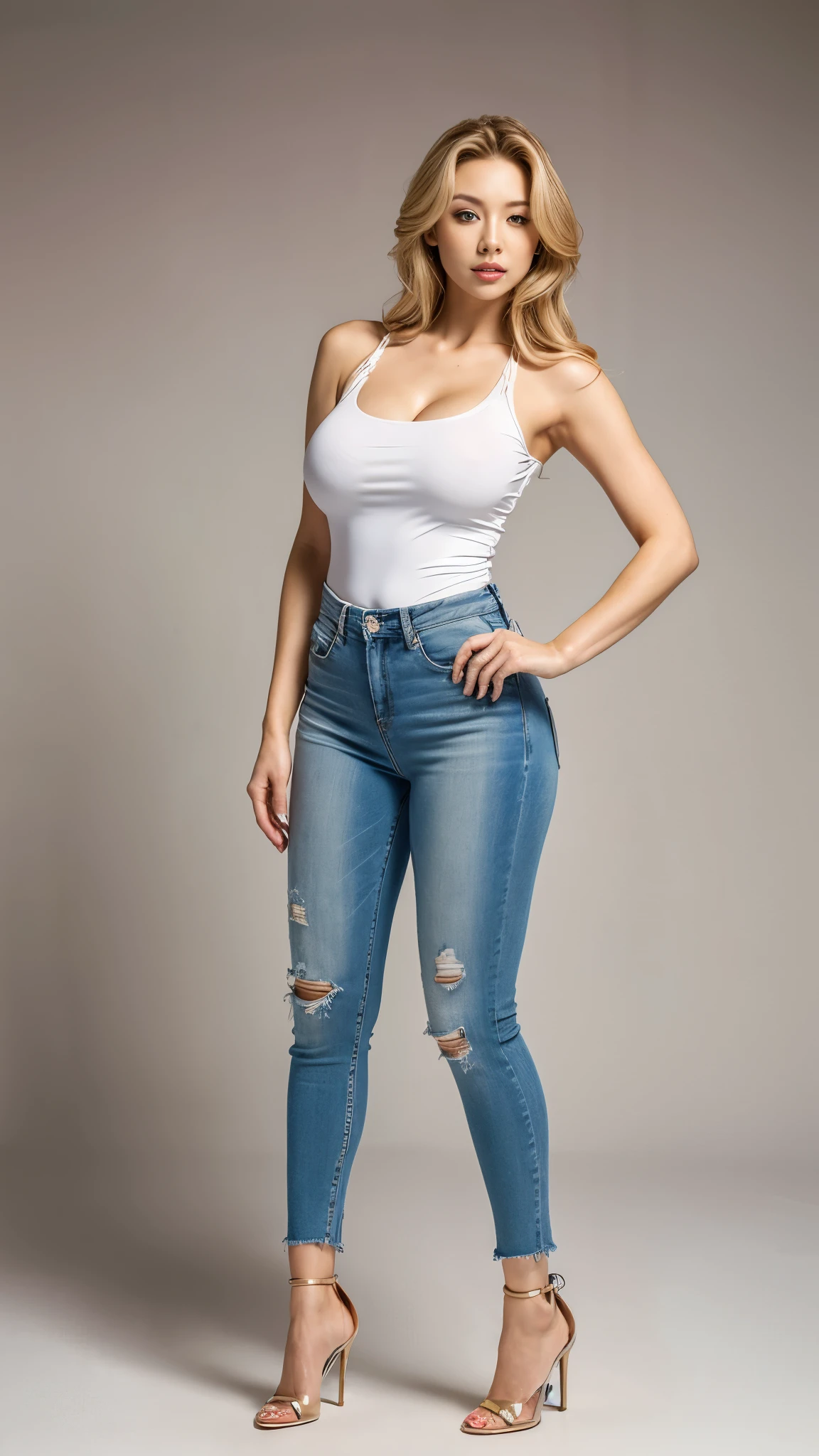 A sexy korean woman, flowy blonde hair, glossy lips, plump body, long legs, heavy breasts, giant breasts, huge breasts, massive breasts, juicy breasts, succulent breasts, enormous breasts, braless, wearing white spaghetti top, jeans short shorts, high heels, stilettos, full body, standing on the floor, detailed body, at photo studio, white backdrop, dynamic light, 8K, masterpiece, ultra detailed, professional studio lighting.