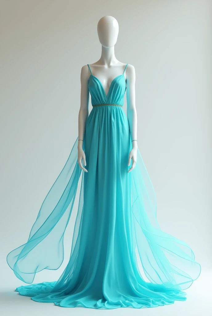 Make a mannequin with a long bright aqua blue dress.