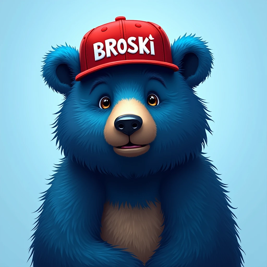 blue bear , light blue background , edgy , portrait , noble , red hat broski summer , write broski on your hat in capital letters