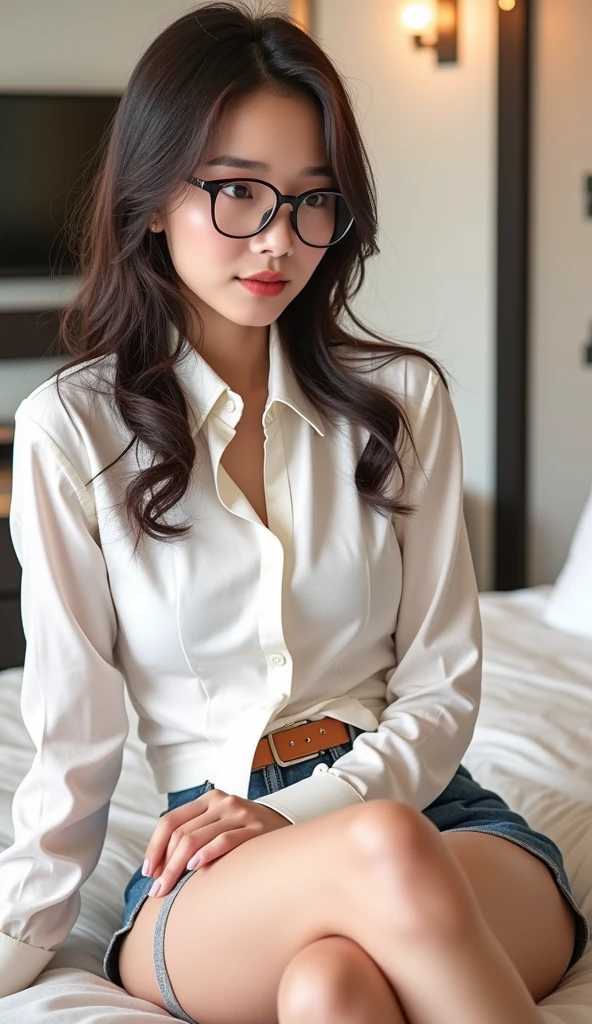 （8k，Movie，16mm wide-angle lens，Aperture 8，Multi-angle shooting，Rich in details ）Chinese，ASİAN，in a New York office building ，secretary，wear glasses，Cool colors，miniskirt，High heel，exposed，sexy socks，Expose，Expose Lingerie，A large hotel room，Lying in bed，，Flirty，romantic，Sexy woman，White，Looking out the window，Troubled woman，30 years old