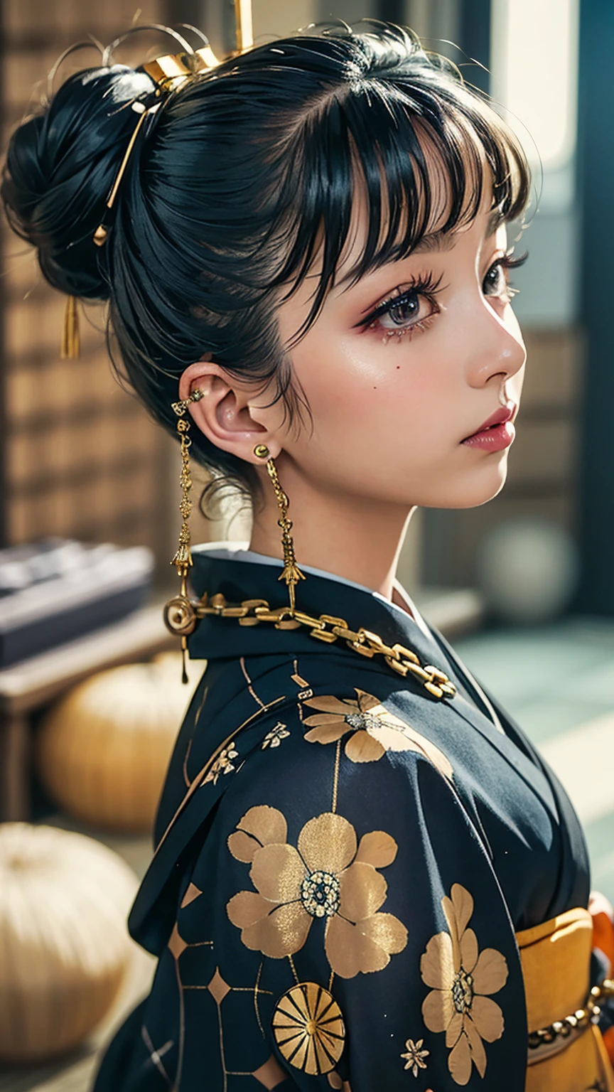 masterpiece, Highest quality, A solemn Japanese-style room with tatami mats, A large photograph of a woman from head to waist, profile, (Chain-themed accessories:1.3), (Close up on face:1.5), (Punk rock kimono, black地に赤+gold:1.3), (black+Orange Hair Color, Mid-length hair, Bun Hair), (blackい瞳, Sparkling eyes), (Lots of eyelashes)